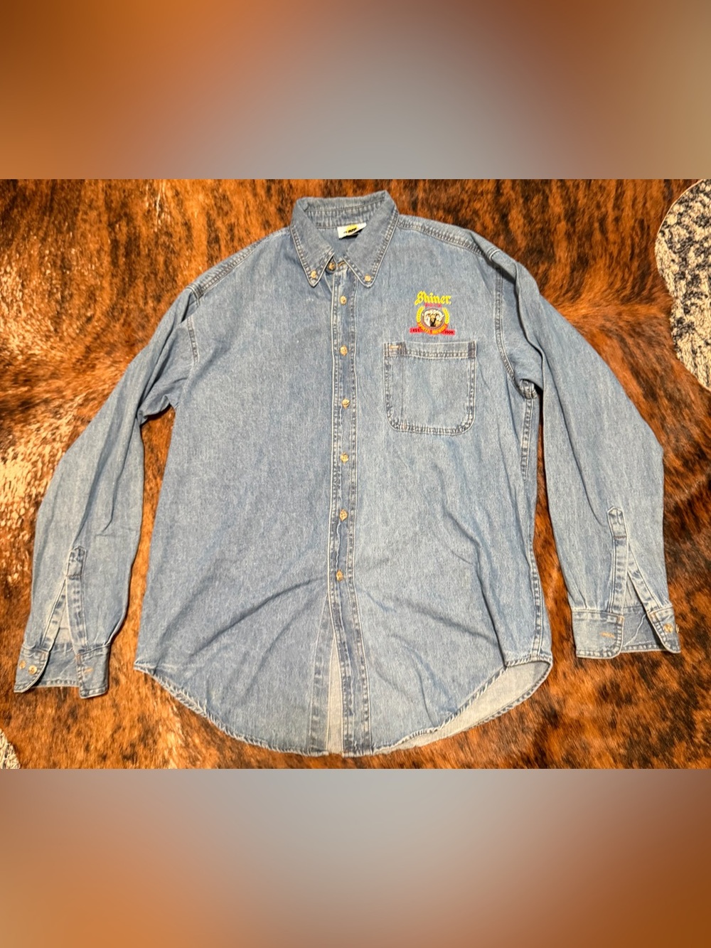 Vintage 90s Enzo Denim Shiner Beer Shirt XL Made in USA Promo Embroidered Texas
